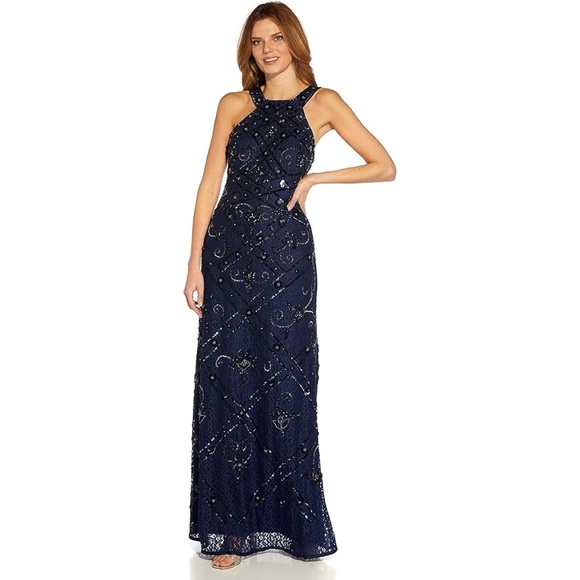 NWT Adrianna Papell Women's Beaded Halter Cocktail Gown Dress Navy Blue, size 4 - Picture 1 of 13